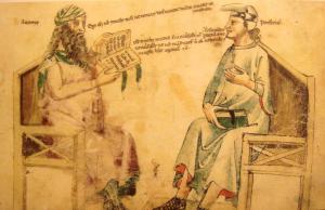 Πορφύριος Φανταστική συζήτηση μεταξύ Αβερρόη  (1126–1198 AD) και Πορφύριου (234–c. 305 AD). Monfredo de Monte Imperiali Liber de herbis, 14th century