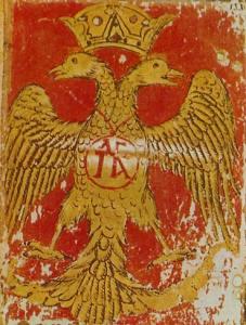 Βησσαρίων Ο δικέφαλος αετός, έμβλημα της Δυναστείας των Παλαιολόγων και της Βυζαντινής Αυτοκρατορίας, με το μονόγραμμα των Παλαιολόγων στο κέντρο (τοιχογραφία)